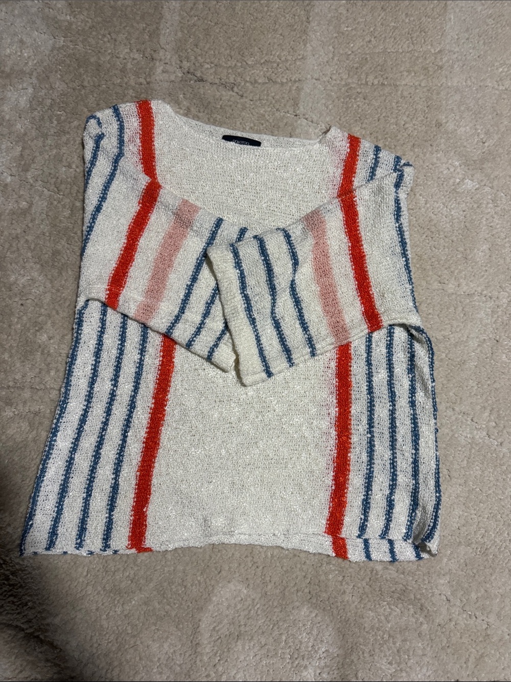Cream Striped Open-Knit Women’s Sweater with orange & Blue Accents